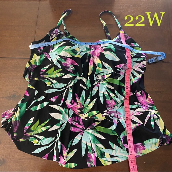 Plus Size Tiered Tankini Top -Black Tropical - Picture 2 of 7